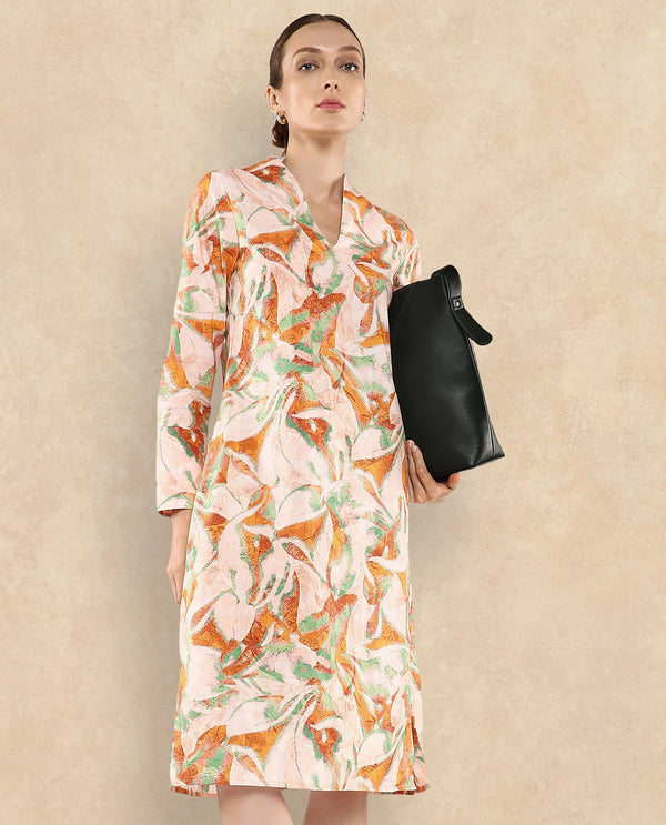 Rareism Women's Ricato Multi Cotton Fabric V-Neck  Cuffed Sleeve Abstract A-Line Midi Dress