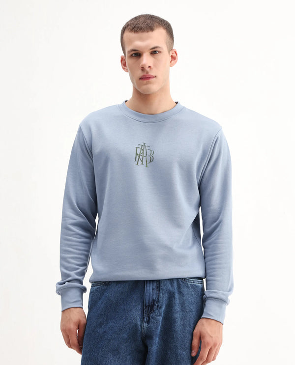 Rare Rabbit Men's Rick Dusky Blue Cotton Blend Fabric Full Sleeves Crew Neck Graphic Print Sweatshirt