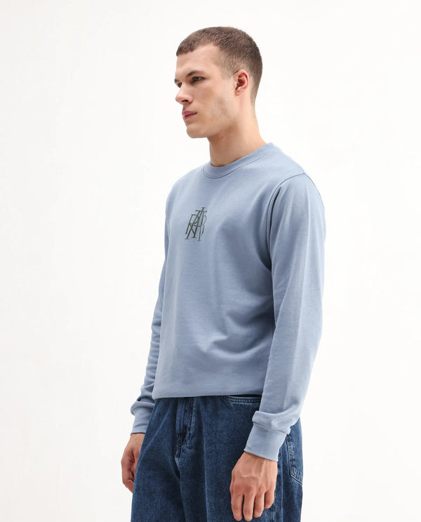 Rare Rabbit Men's Rick Dusky Blue Cotton Blend Fabric Full Sleeves Crew Neck Graphic Print Sweatshirt