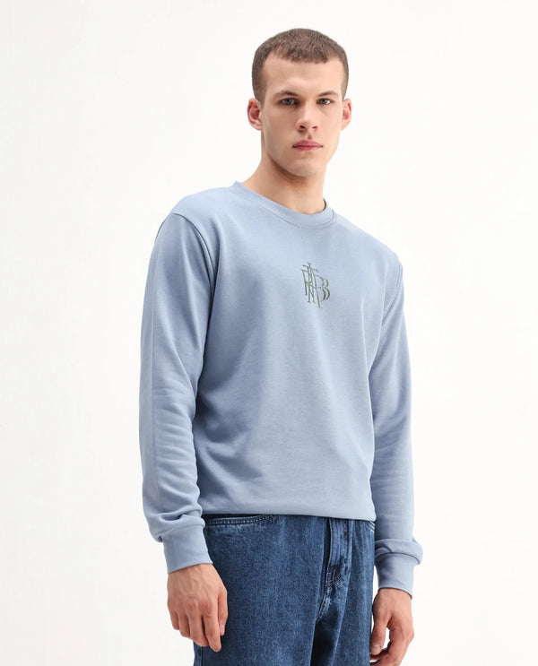 Rare Rabbit Men's Rick Dusky Blue Cotton Blend Fabric Full Sleeves Crew Neck Graphic Print Sweatshirt