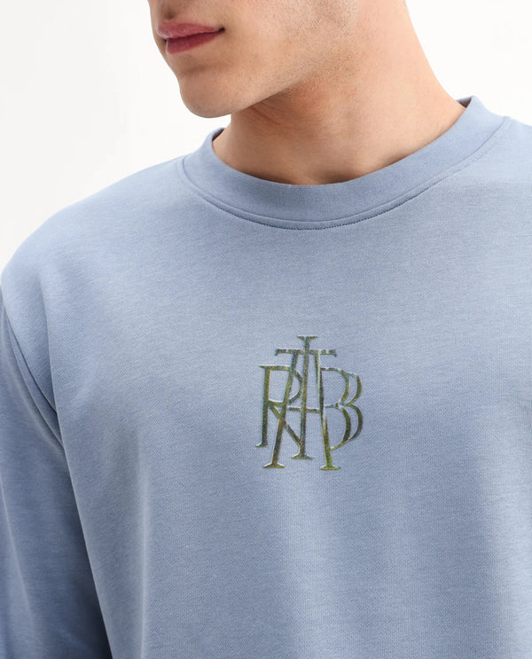 Rare Rabbit Men's Rick Dusky Blue Cotton Blend Fabric Full Sleeves Crew Neck Graphic Print Sweatshirt