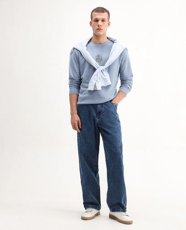 Rare Rabbit Men's Rick Dusky Blue Cotton Blend Fabric Full Sleeves Crew Neck Graphic Print Sweatshirt