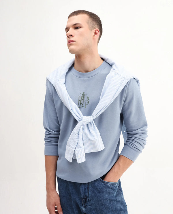 Rare Rabbit Men's Rick Dusky Blue Cotton Blend Fabric Full Sleeves Crew Neck Graphic Print Sweatshirt