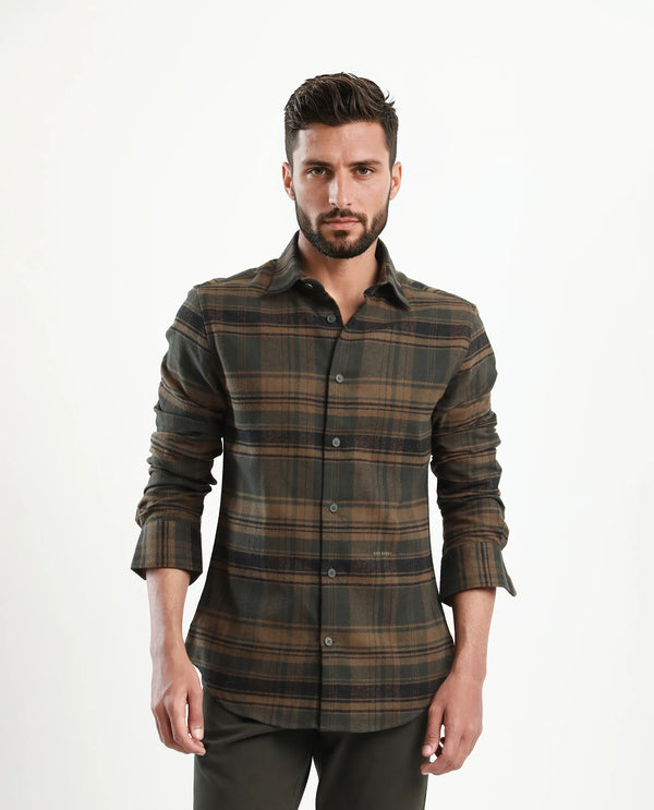 Rare Rabbit Men's Ricl Brown Cotton Fabric Full Sleeves Collared Neck Button Closure Checked Shirt