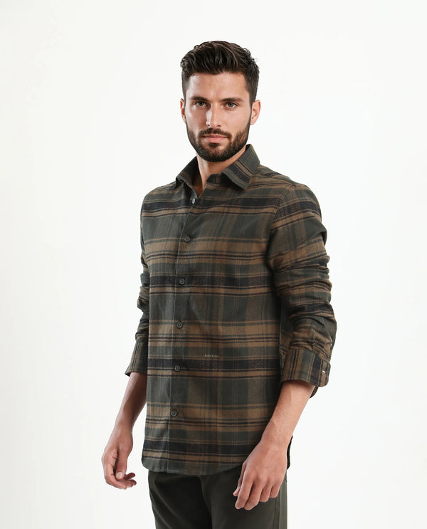 Rare Rabbit Men's Ricl Brown Cotton Fabric Full Sleeves Collared Neck Button Closure Checked Shirt