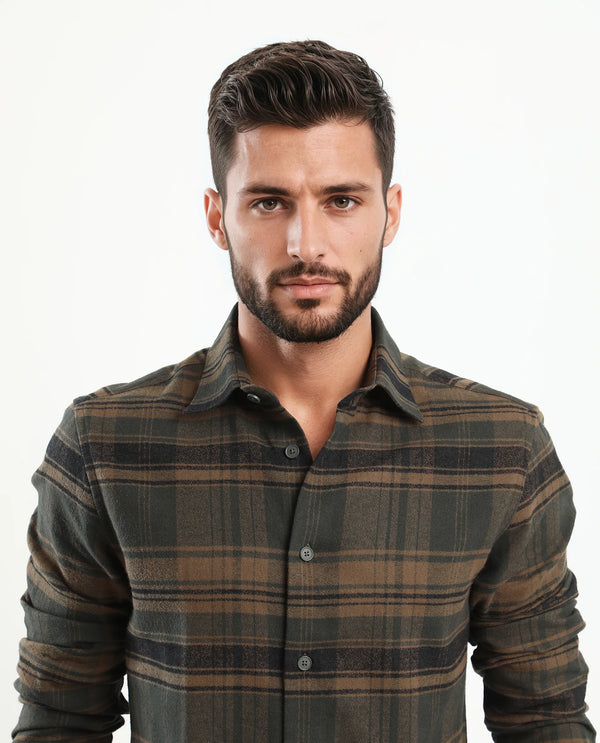 Rare Rabbit Men's Ricl Brown Cotton Fabric Full Sleeves Collared Neck Button Closure Checked Shirt