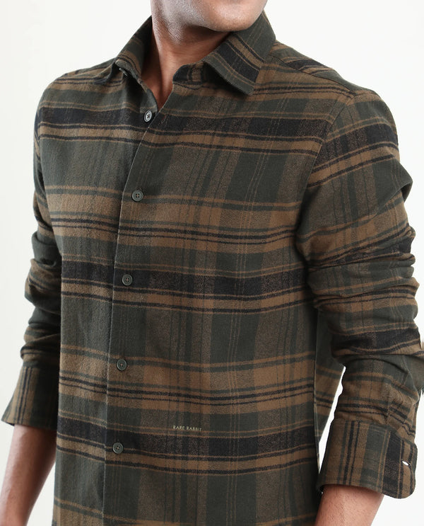 Rare Rabbit Men's Ricl Brown Cotton Fabric Full Sleeves Collared Neck Button Closure Checked Shirt