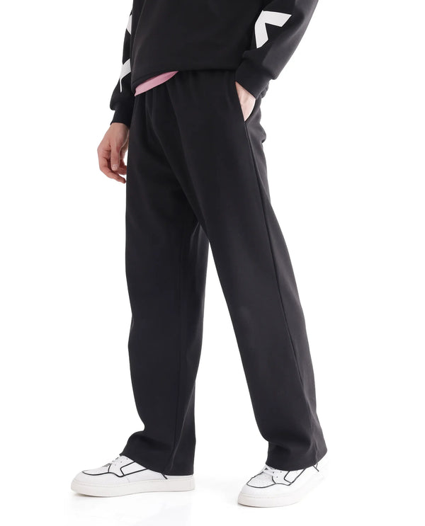 Rare Rabbit Men Ricot-B Black Cotton Blend Fabric Mid Rise Drawstring Closure Printed Track Pant