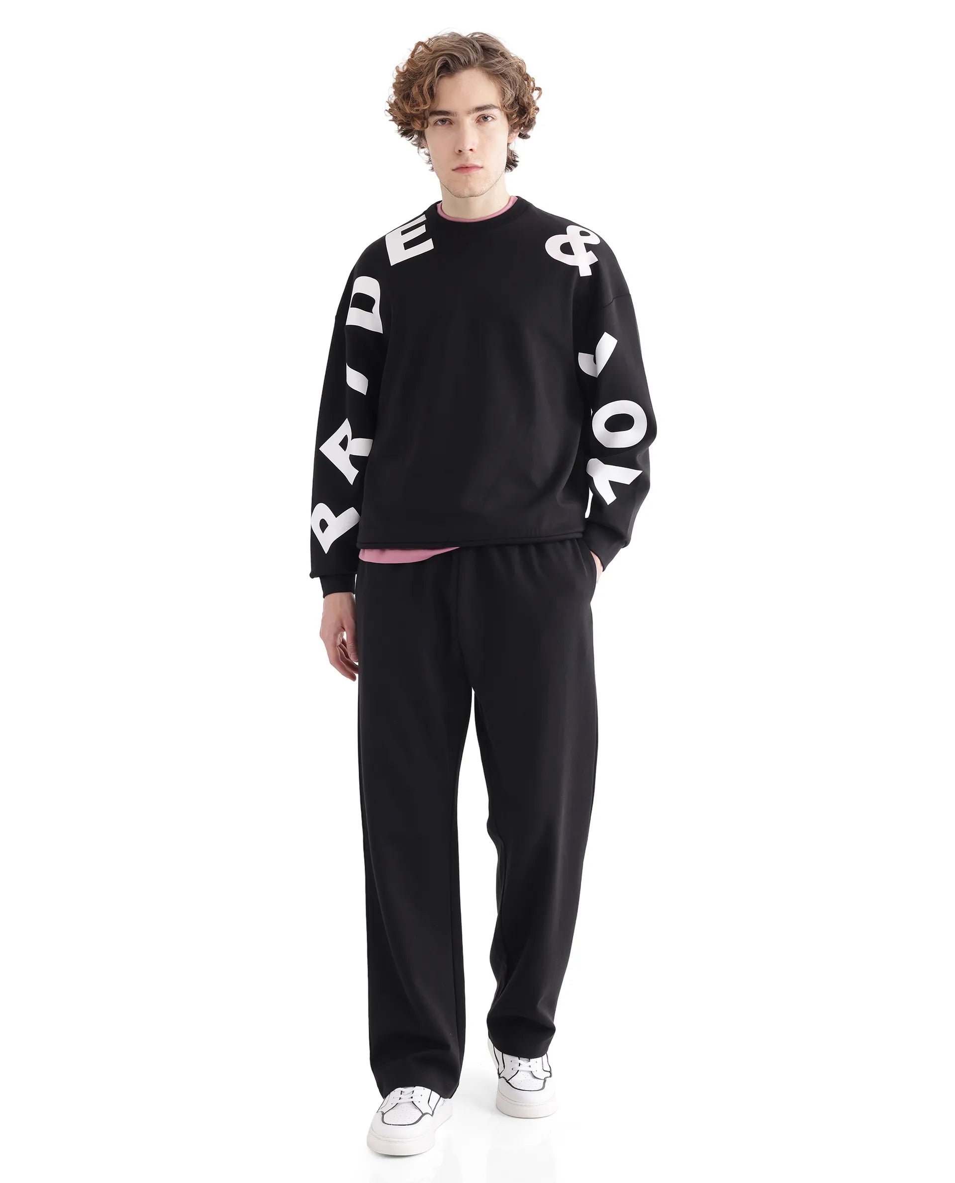 Rare Rabbit Men Ricot Black Cotton Blend Fabric Full Sleeve Boxy Fit All Over Typography Print Sweatshirt