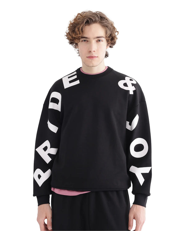 Rare Rabbit Men Ricot Black Cotton Blend Fabric Full Sleeve Boxy Fit All Over Typography Print Sweatshirt