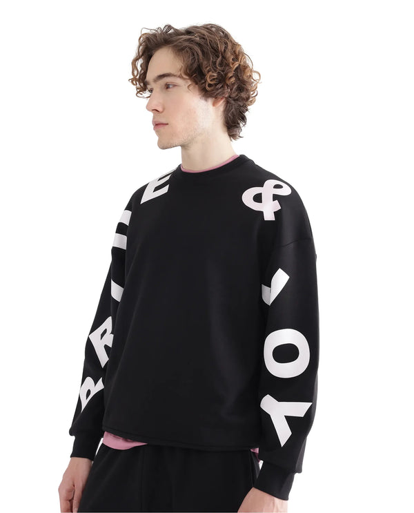Rare Rabbit Men Ricot Black Cotton Blend Fabric Full Sleeve Boxy Fit All Over Typography Print Sweatshirt