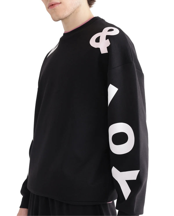 Rare Rabbit Men Ricot Black Cotton Blend Fabric Full Sleeve Boxy Fit All Over Typography Print Sweatshirt