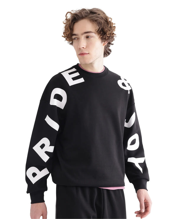 Rare Rabbit Men Ricot Black Cotton Blend Fabric Full Sleeve Boxy Fit All Over Typography Print Sweatshirt