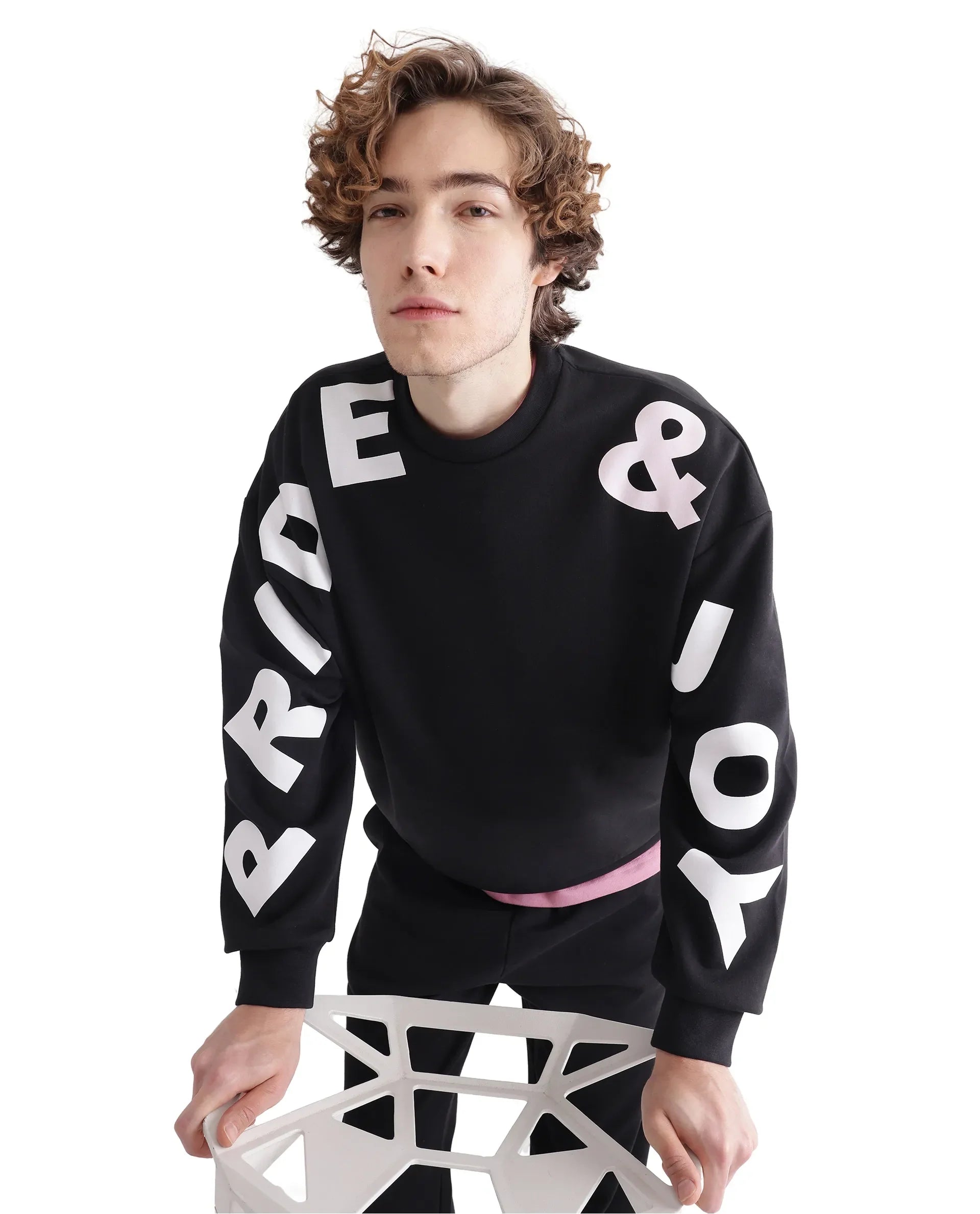 Rare Rabbit Men Ricot Black Cotton Blend Fabric Full Sleeve Boxy Fit All Over Typography Print Sweatshirt