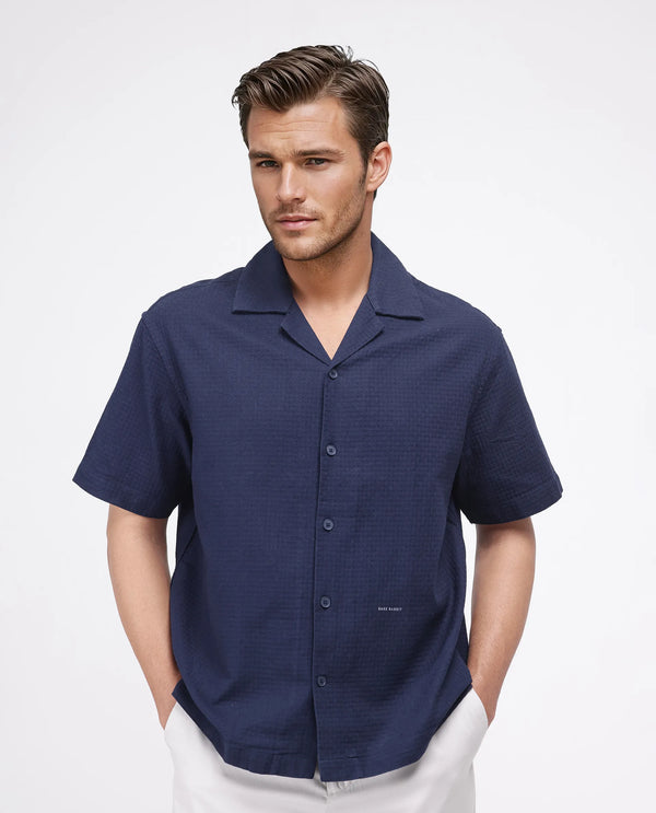Rare Rabbit Men's Rics Navy Cotton Fabric Short Sleeve Cuban Collar Button Closure Textured Shirt