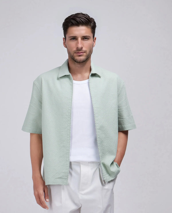 Rare Rabbit Men's Rics Pastel Green Cotton Fabric Short Sleeve Collared Neck Button Closure Printed Shirt