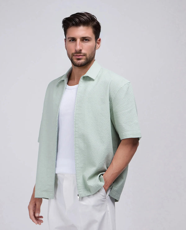 Rare Rabbit Men's Rics Pastel Green Cotton Fabric Short Sleeve Collared Neck Button Closure Printed Shirt