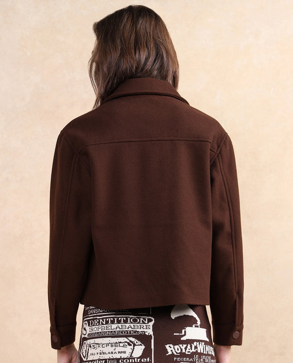 Rareism Women Riffin Dark Brown Cuffed Sleeve Collared Neck Button Closure Plain Jacket