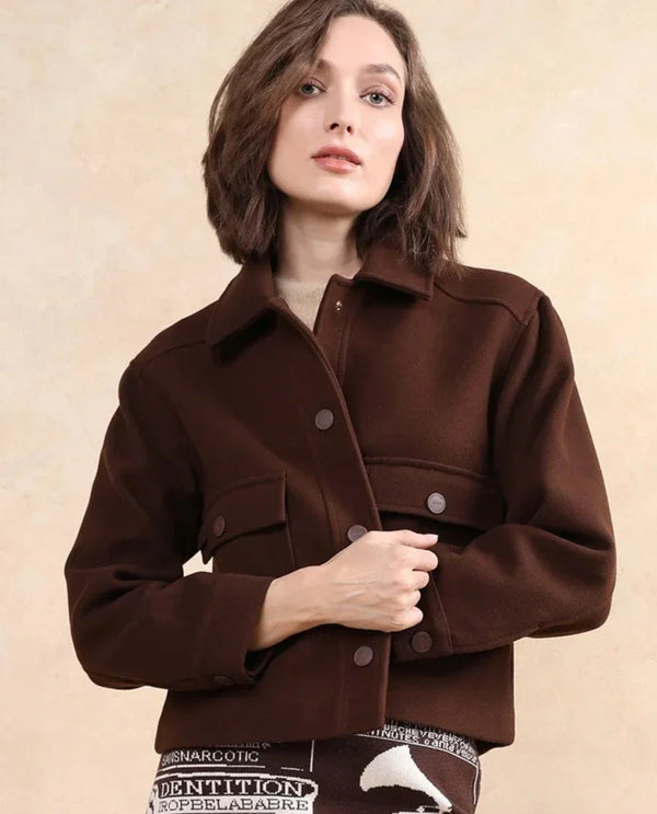 Rareism Women Riffin Dark Brown Cuffed Sleeve Collared Neck Button Closure Plain Jacket