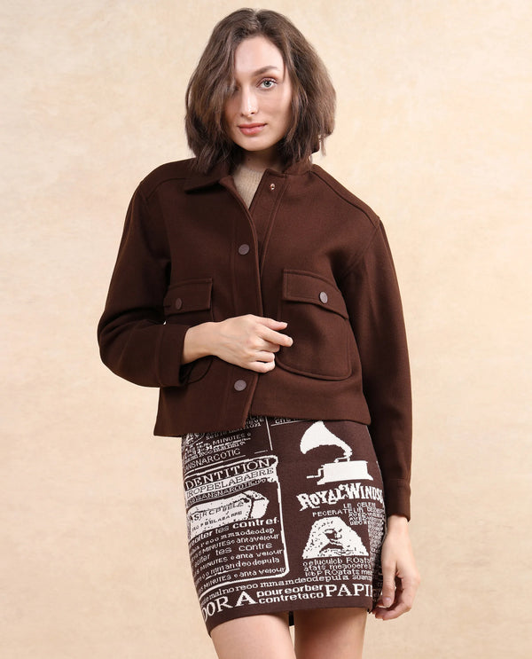 Rareism Women Riffin Dark Brown Cuffed Sleeve Collared Neck Button Closure Plain Jacket
