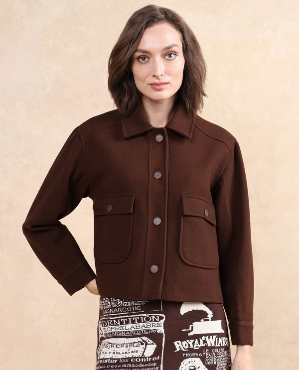 Rareism Women Riffin Dark Brown Cuffed Sleeve Collared Neck Button Closure Plain Jacket