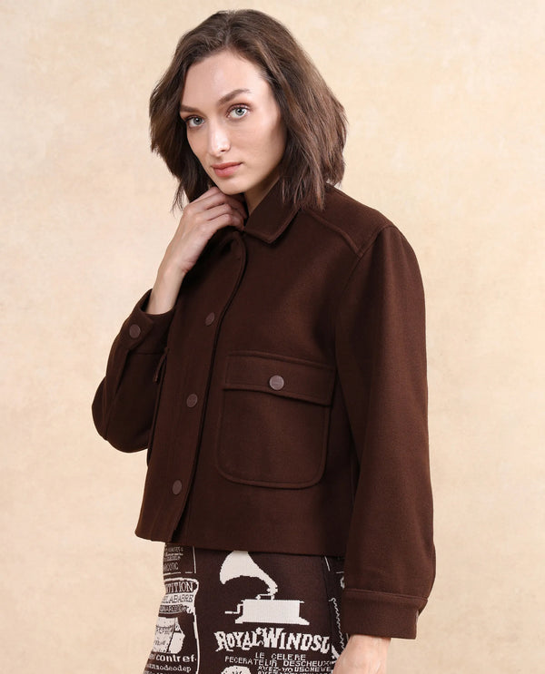 Rareism Women Riffin Dark Brown Cuffed Sleeve Collared Neck Button Closure Plain Jacket