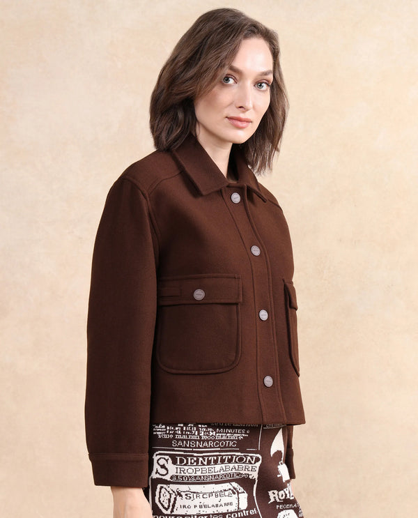 Rareism Women Riffin Dark Brown Cuffed Sleeve Collared Neck Button Closure Plain Jacket