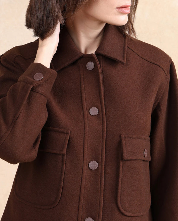 Rareism Women Riffin Dark Brown Cuffed Sleeve Collared Neck Button Closure Plain Jacket