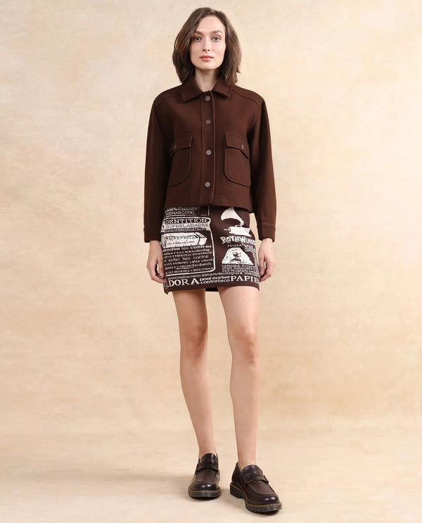 Rareism Women Riffin Dark Brown Cuffed Sleeve Collared Neck Button Closure Plain Jacket