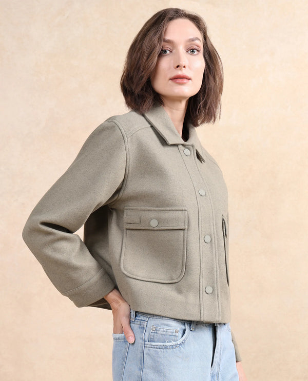 Rareism Women Riffin Dusky Green Cuffed Sleeve Collared Neck Button Closure Plain Jacket