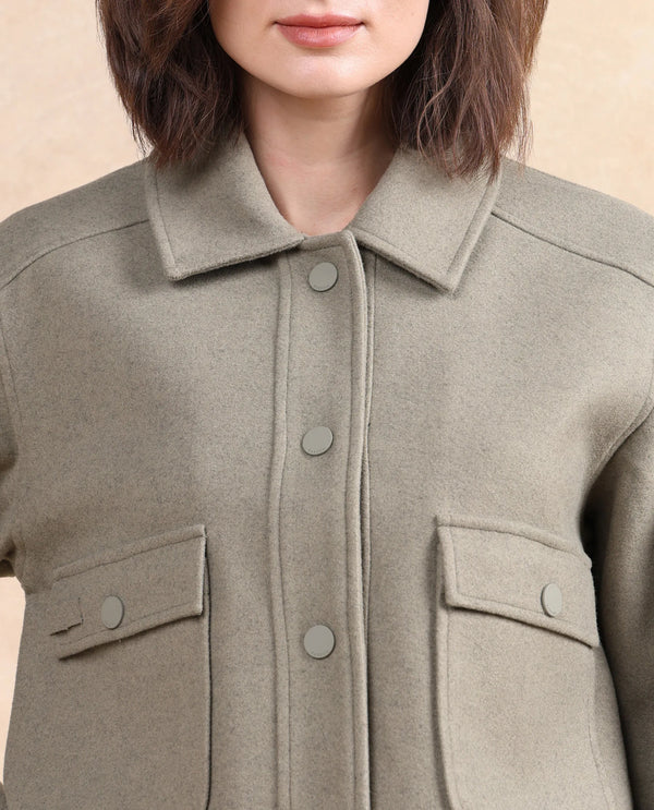 Rareism Women Riffin Dusky Green Cuffed Sleeve Collared Neck Button Closure Plain Jacket