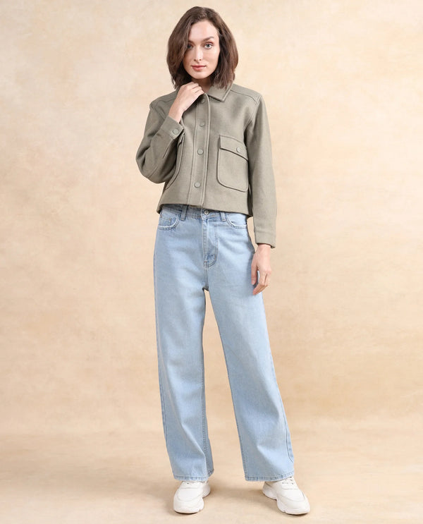 Rareism Women Riffin Dusky Green Cuffed Sleeve Collared Neck Button Closure Plain Jacket
