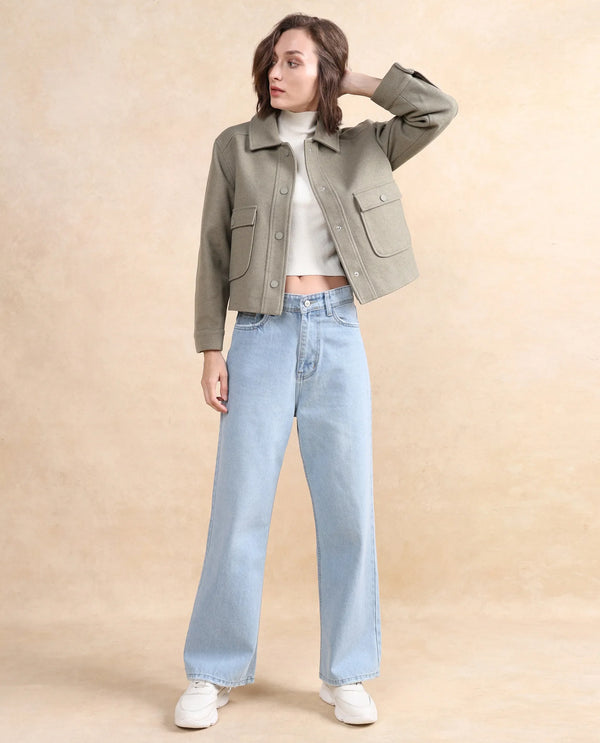 Rareism Women Riffin Dusky Green Cuffed Sleeve Collared Neck Button Closure Plain Jacket