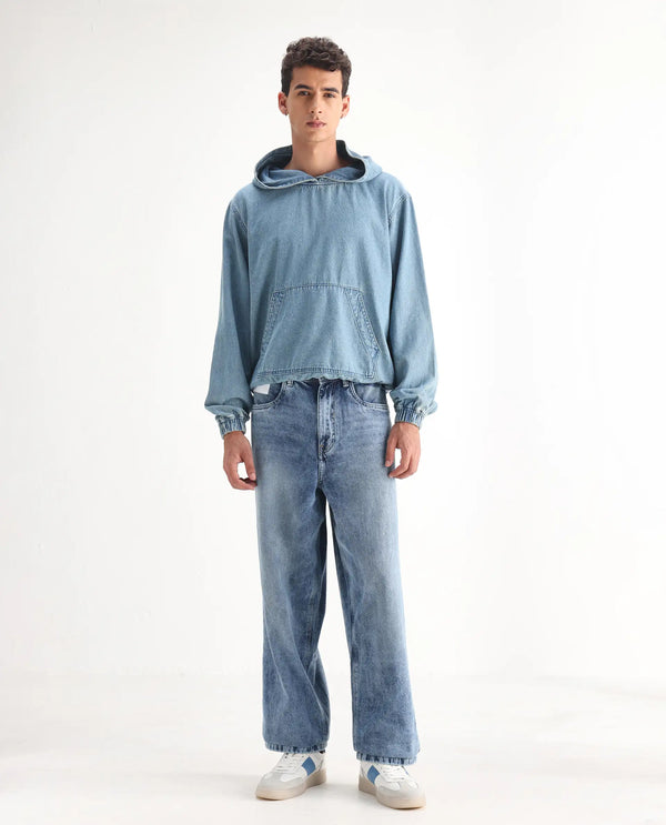 Rare Rabbit Men Riffin Light Blue Cotton Fabric Button And Zip Closure Baggy Fit Embroidered Logo Plain Jeans