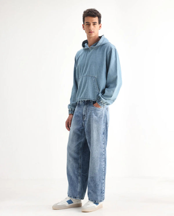 Rare Rabbit Men Riffin Light Blue Cotton Fabric Button And Zip Closure Baggy Fit Embroidered Logo Plain Jeans