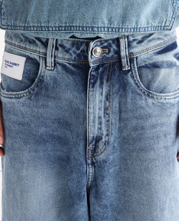 Rare Rabbit Men Riffin Light Blue Cotton Fabric Button And Zip Closure Baggy Fit Embroidered Logo Plain Jeans