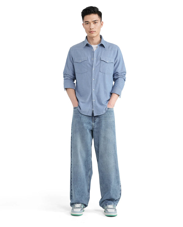Rare Rabbit Men Riffin Light Blue Cotton Fabric Button And Zip Closure Baggy Fit Embroidered Logo Plain Jeans