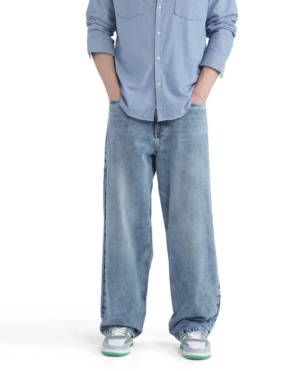 Rare Rabbit Men Riffin Light Blue Cotton Fabric Button And Zip Closure Baggy Fit Embroidered Logo Plain Jeans