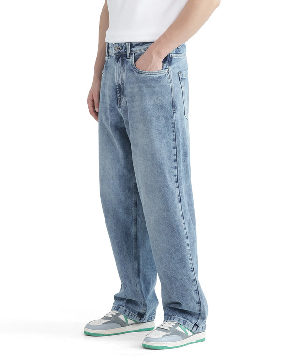 Rare Rabbit Men Riffin Light Blue Cotton Fabric Button And Zip Closure Baggy Fit Embroidered Logo Plain Jeans
