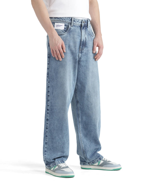 Rare Rabbit Men Riffin Light Blue Cotton Fabric Button And Zip Closure Baggy Fit Embroidered Logo Plain Jeans