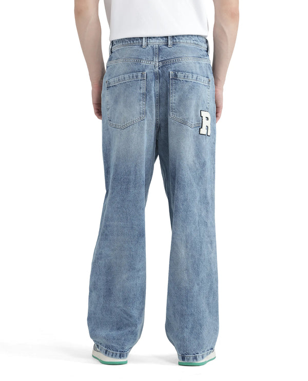 Rare Rabbit Men Riffin Light Blue Cotton Fabric Button And Zip Closure Baggy Fit Embroidered Logo Plain Jeans