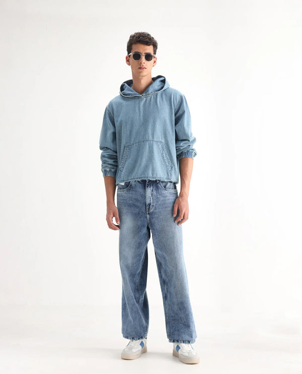 Rare Rabbit Men Riffin Light Blue Cotton Fabric Button And Zip Closure Baggy Fit Embroidered Logo Plain Jeans