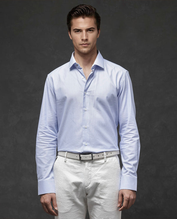Rare Rabbit Mens Rigor Pastel Blue Full Sleeve Cotton Dobby Weave Regular Fit Solid Shirt