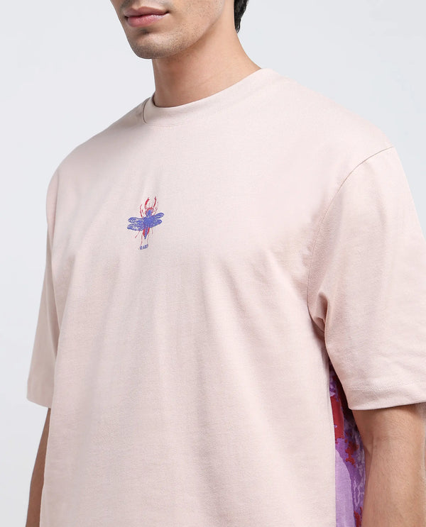 Rare Rabbit Men Rigy Pastel Pink Short Sleeve Crew Neck Oversized Fit Graphic Back Print T-Shirt