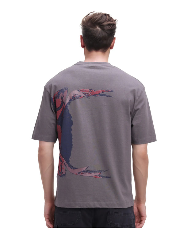 Rare Rabbit Men Rigy Dark Grey Short Sleeve Crew Neck Oversized Fit Graphic Print T-Shirt