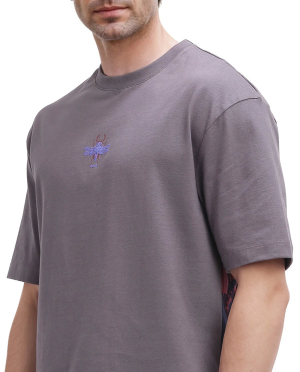 Rare Rabbit Men Rigy Dark Grey Short Sleeve Crew Neck Oversized Fit Graphic Print T-Shirt