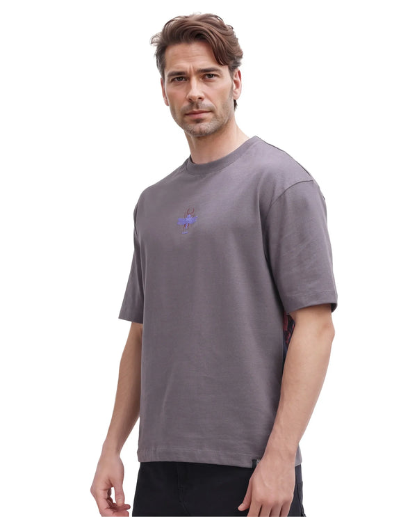 Rare Rabbit Men Rigy Dark Grey Short Sleeve Crew Neck Oversized Fit Graphic Print T-Shirt