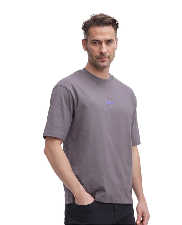 Rare Rabbit Men Rigy Dark Grey Short Sleeve Crew Neck Oversized Fit Graphic Print T-Shirt