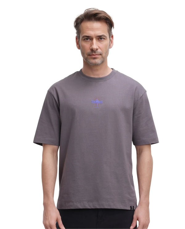 Rare Rabbit Men Rigy Dark Grey Short Sleeve Crew Neck Oversized Fit Graphic Print T-Shirt