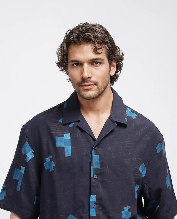 Rare Rabbit Men Riko Dark Brown Viscose Fabric Half Sleeve Cuban Collar Button Closure Oversized Fit Abstract Print Shirt